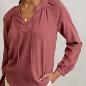 Cloth & Stone Anthropologie Med Becky Mauve Tie Neck Peasant Blouse Long Sleeve